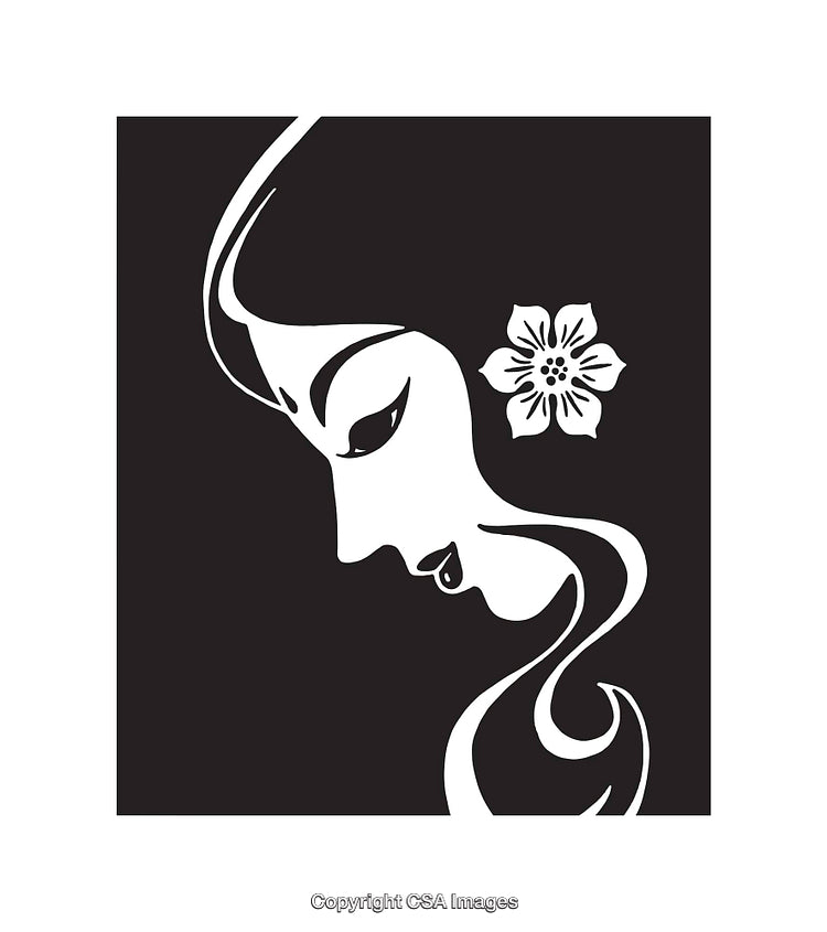Elegant Black and White Line Art of Woman With Floral Accent