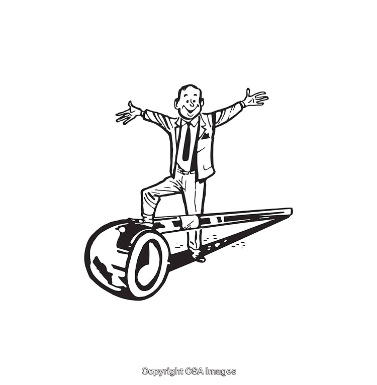 Black and White Illustration of a Man Balancing on a Large Pipe