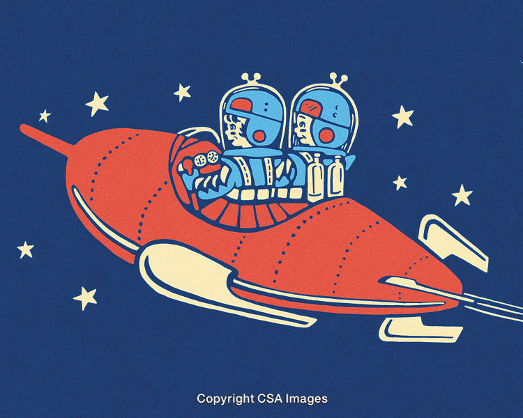 Retro Astronauts in Rocket Spaceship with Stars in Cosmic Background
