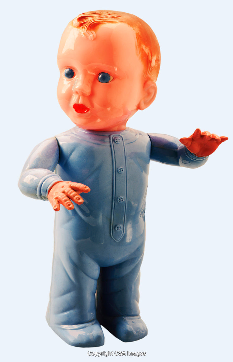 Vintage Plastic Baby Doll in Blue Outfit