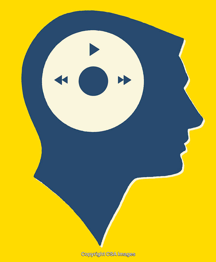 Silhouette of Profile with Audio Control Symbol on Bright Yellow Background