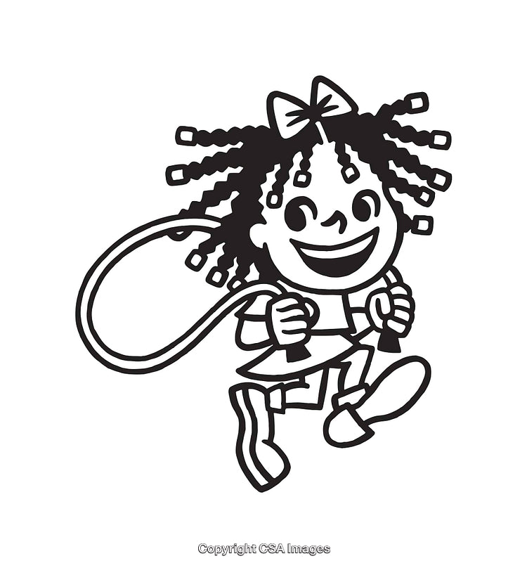 Black and White Line Art of a Child Joyfully Jumping Rope
