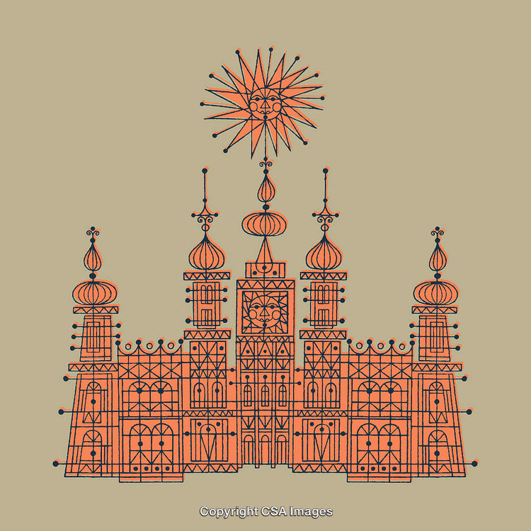 Abstract Line Art Illustration of Ornate Palace Design with Orange Hues