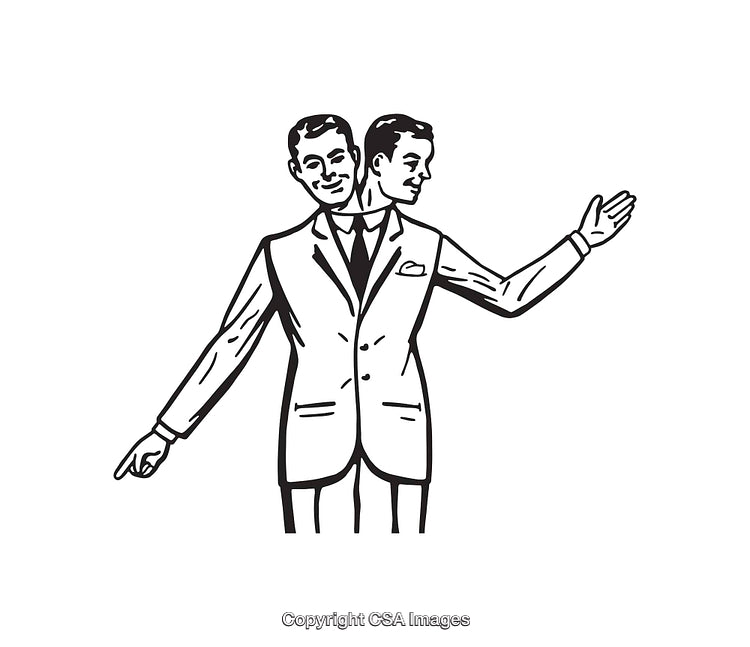 Surreal Black and White Illustration of Two-Headed Man in Elegant Suit