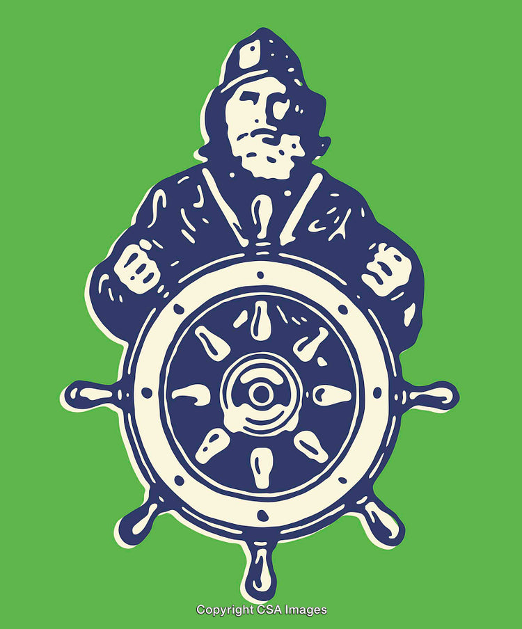 Vibrant Illustration of a Captain Steering a Ship's Wheel in Line Art