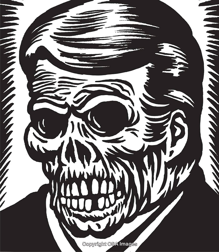 Monochromatic Illustration of a Skull with Abstract Design and Dark Aesthetic