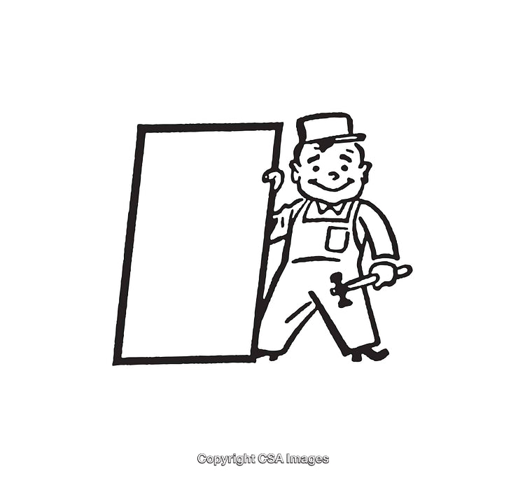 Black and White Illustration of a Worker Holding a Door and Hammer