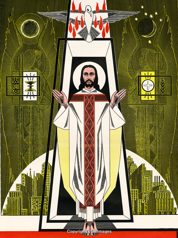 Abstract Depiction of a Religious Figure with Christian Symbols and Abstract Designs