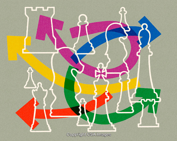 Colorful Abstract Artwork Featuring Chess Pieces and Arrows on Neutral Background