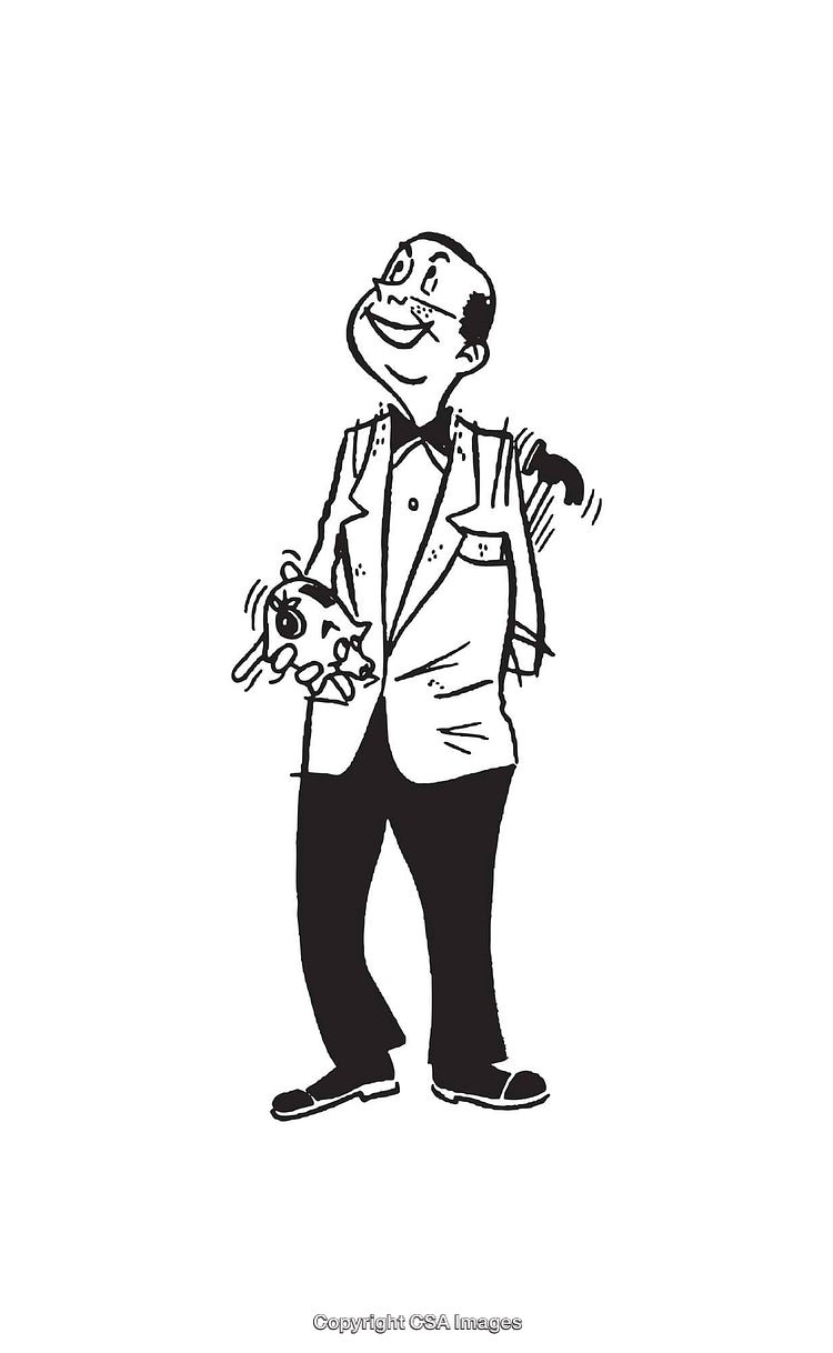 Vintage Black And White Illustration of a Man in a Suit Holding a Hat