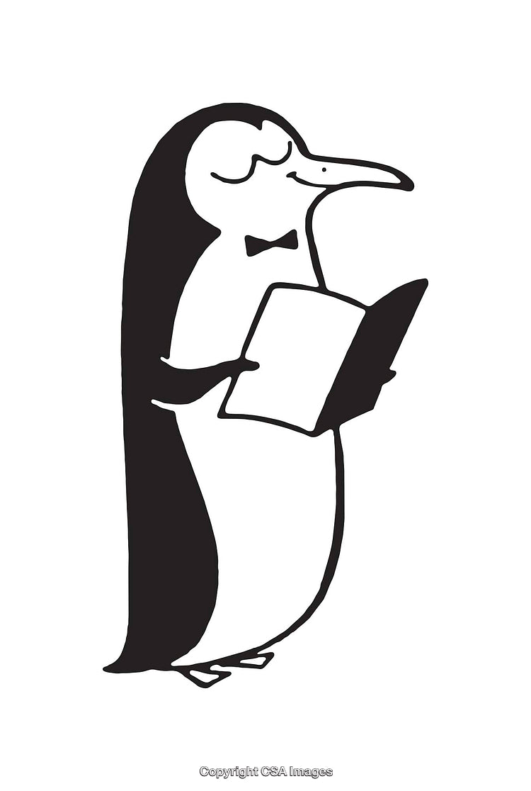 Black And White Line Drawing of Penguin Reading