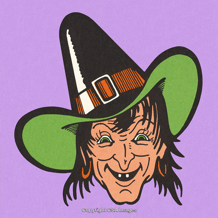 Detailed Witch Illustration With Green Hat And Quirky Expression on Purple Background