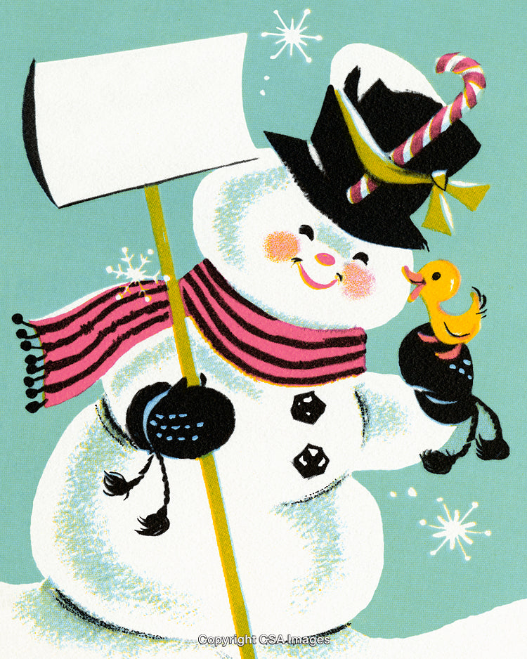 Cheerful Snowman Holding a Sign and Interacting With a Duck