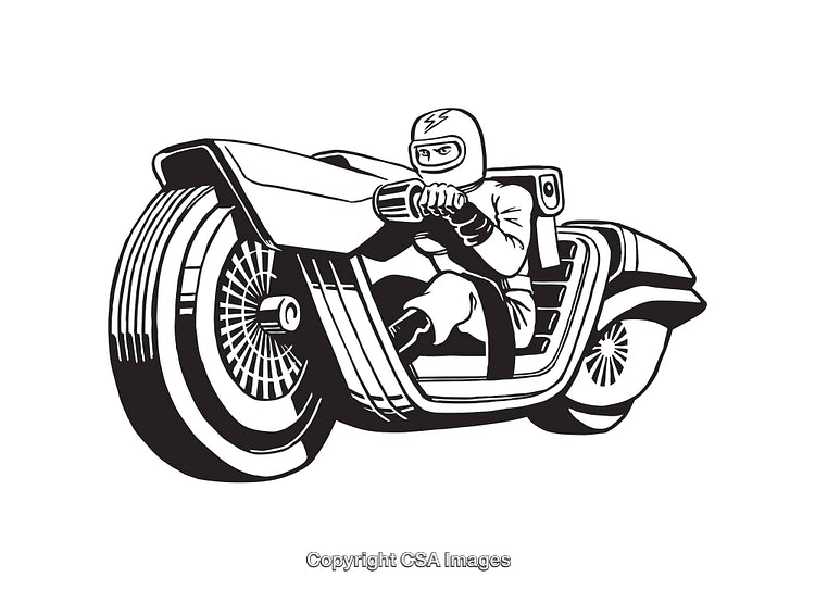 Black and White Line Art of a Futuristic Motorcycle with Rider
