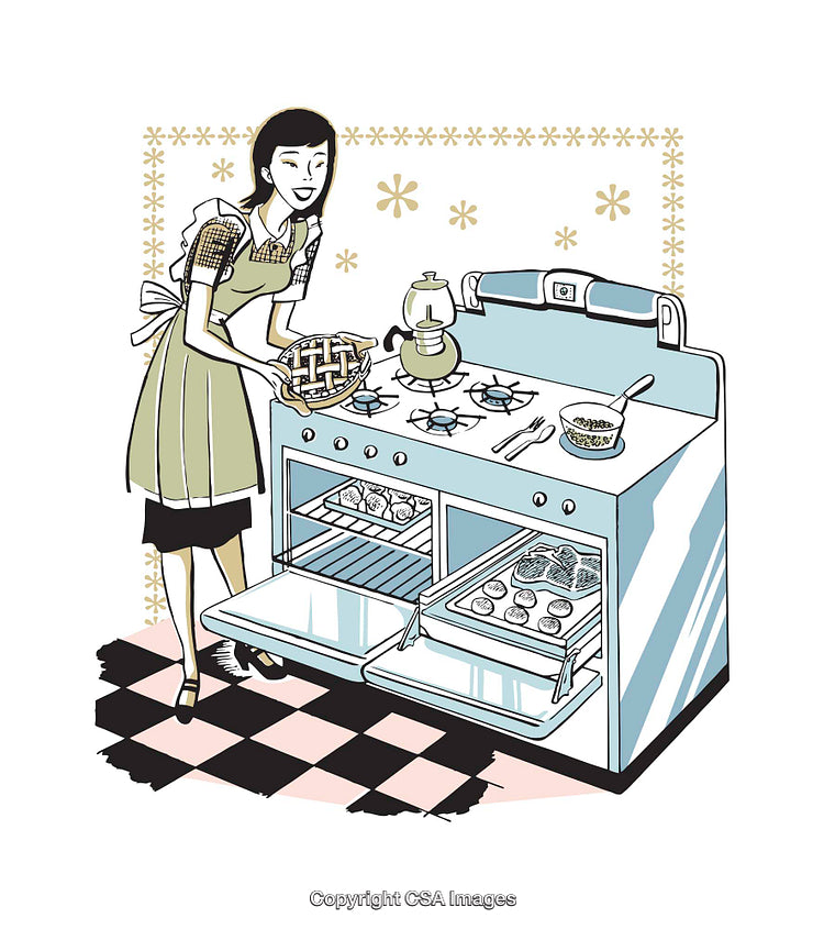 Retro Illustration of a Woman Baking Pie in a Vintage Kitchen