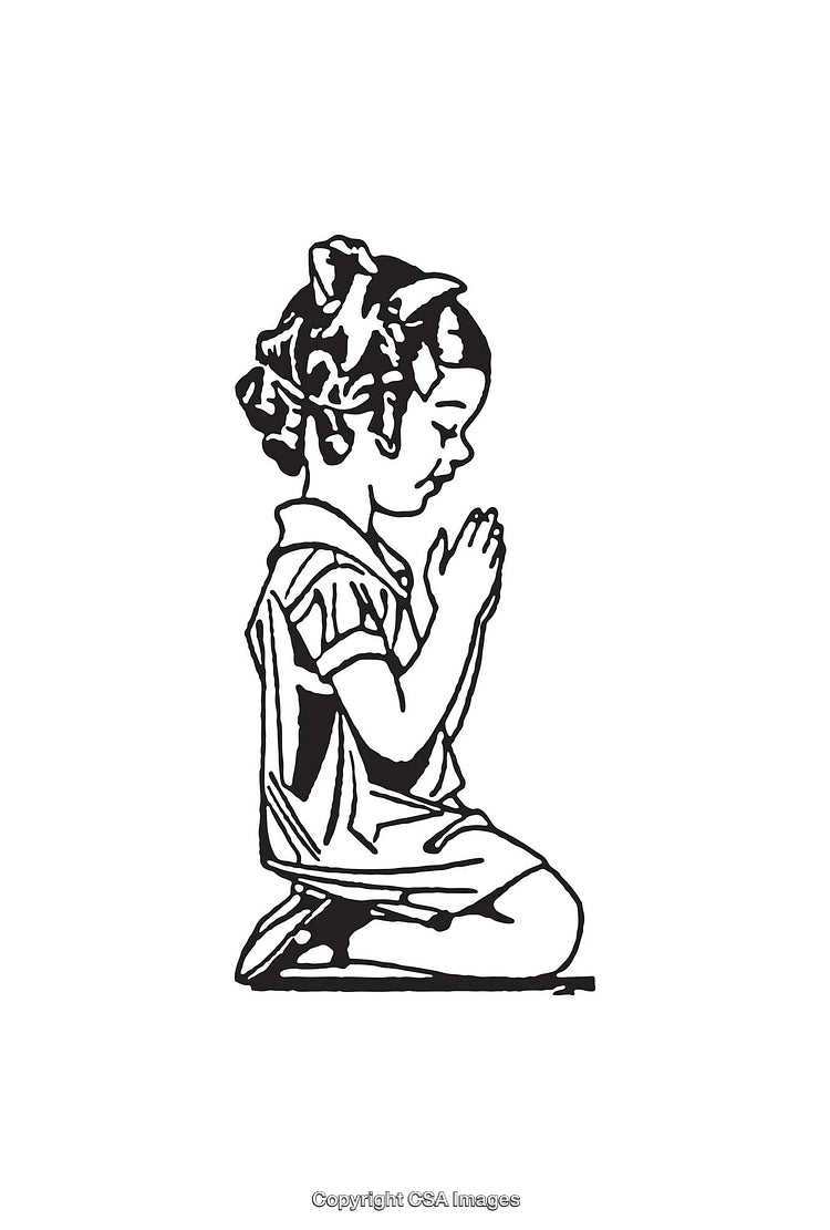 Black And White Line Art of a Girl Praying from Side View