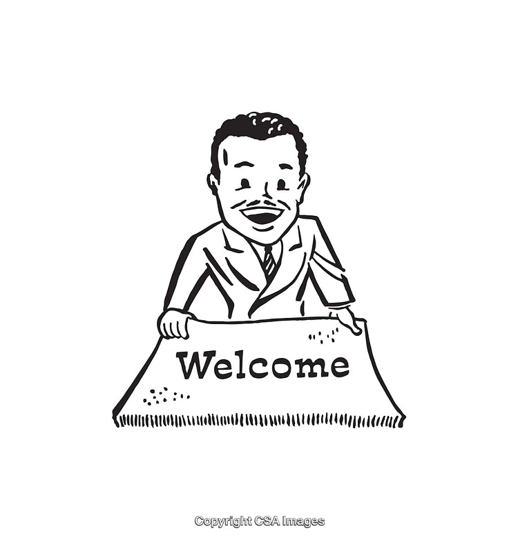 Vintage Line Art of Man Holding a Welcome Sign with Smiling Expression