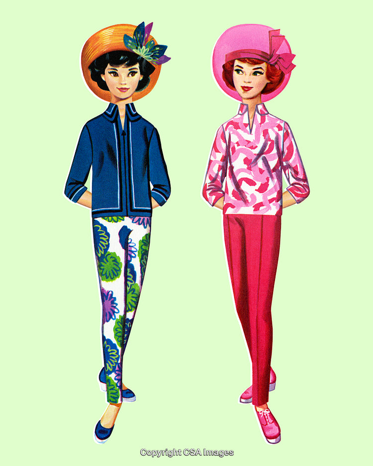 Retro Illustrated Fashion Models in Elegant Vintage Outfits with Hats