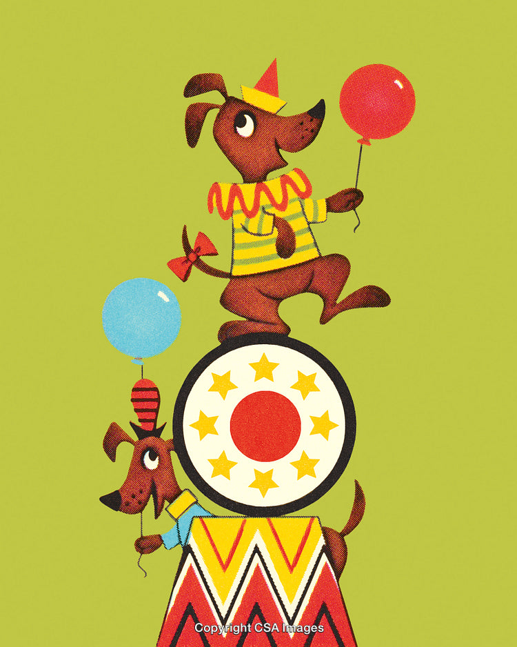 Circus-Themed Illustration of Colorful Dogs Performing Playful Acts with Balloons
