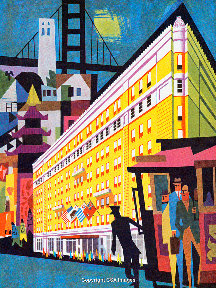 Colorful Abstract Depiction of a Cityscape Featuring Landmarks and a Trolley