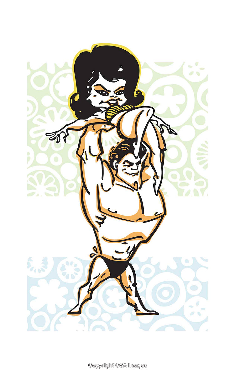 Cartoon Illustration of a Strongman Holding a Woman Overhead