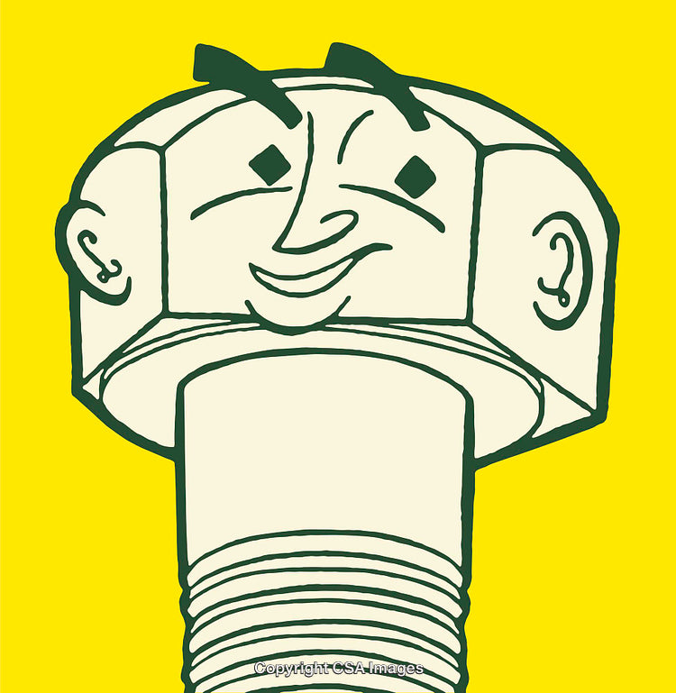 Humorous Line Art of a Bolt with a Cartoon Face in Yellow Design