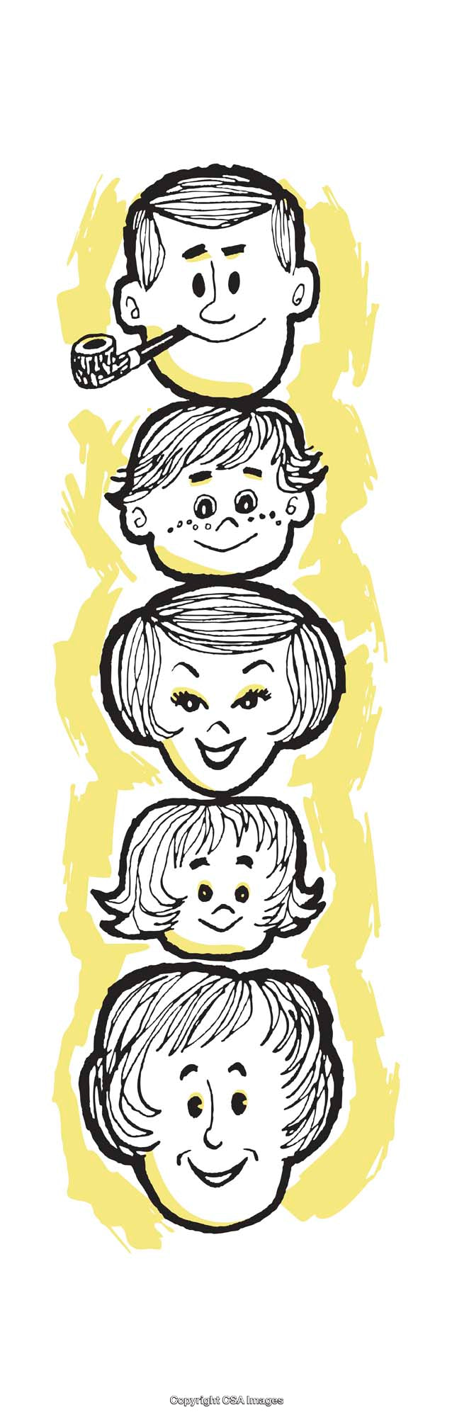 Vintage Illustrated Cartoon of Family Faces in a Colorful Style