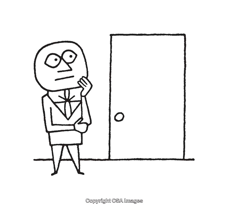 Black and White Illustration of a Contemplating Person Near a Closed Door