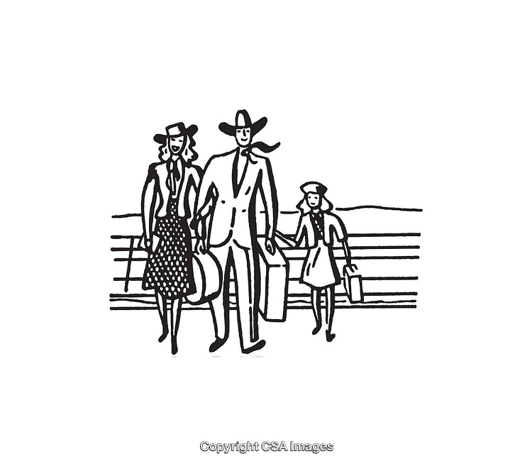 Vintage Line Art Family Traveling Together in Style