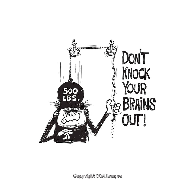 Humorous Black and White Illustration Featuring Heavy Object and Warning Text