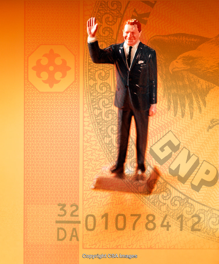 Plastic Figurine of Businessman Against Orange Background with Financial Elements