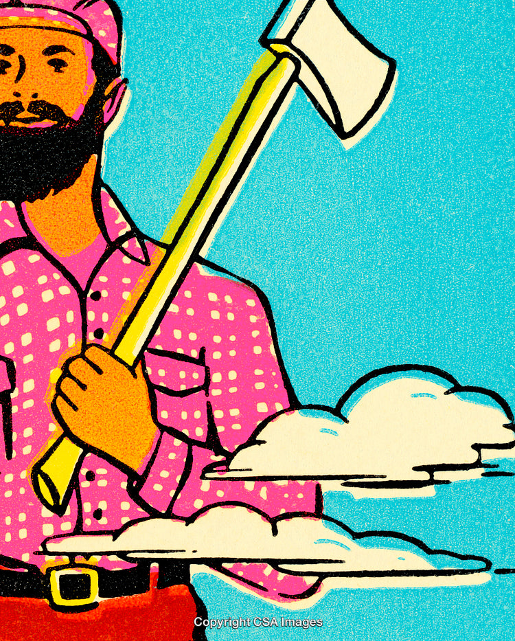 Colorful Comic Illustration of Lumberjack Holding Axe Against a Bright Background