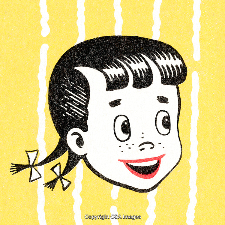 Retro Style Cartoon Illustration of a Smiling Girl Against Yellow Background