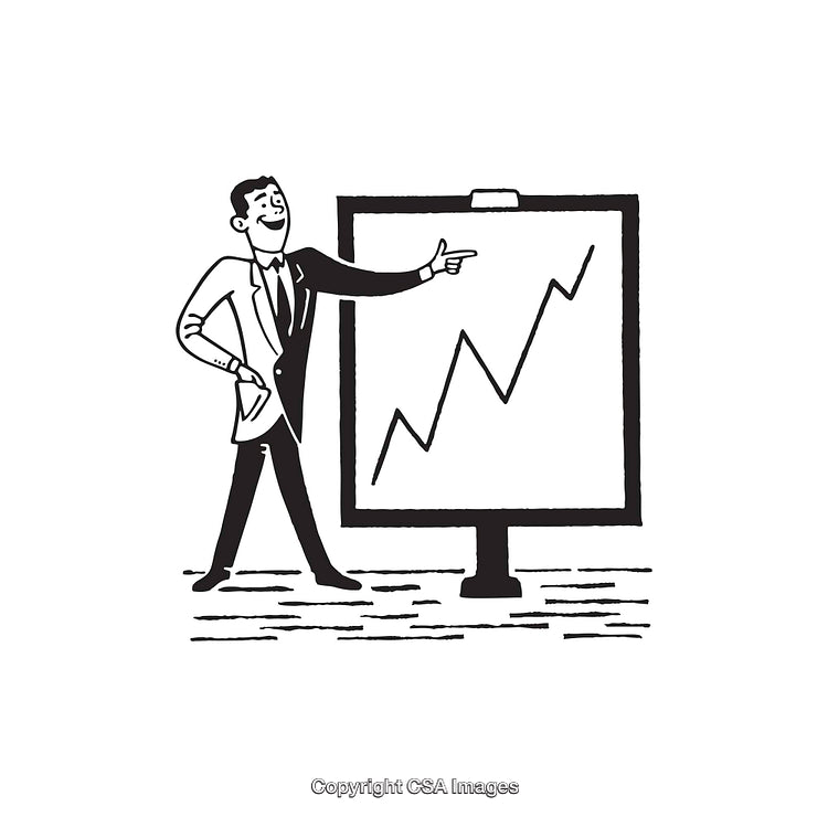 Black and White Illustration of Business Person Pointing at Growth Chart