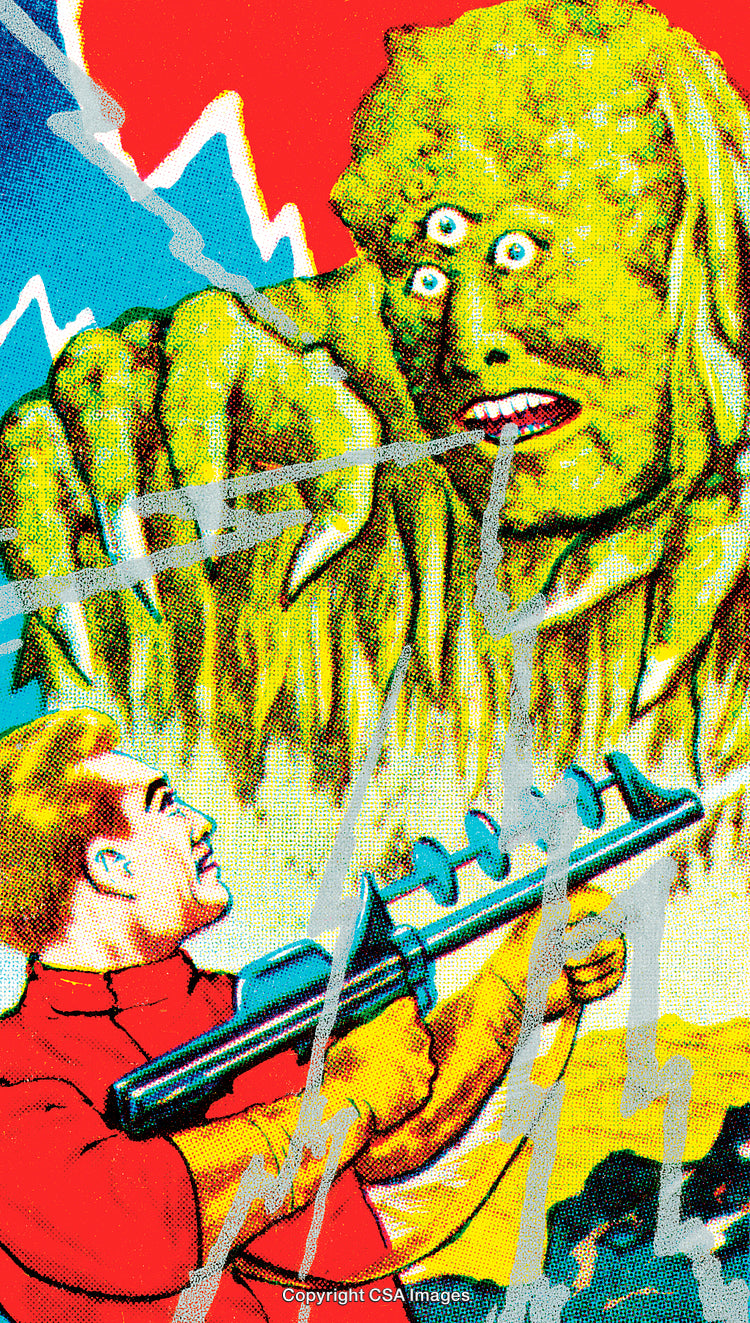 Retro Sci-Fi Comic Illustration of Hero Battling Large Three-Eyed Monster