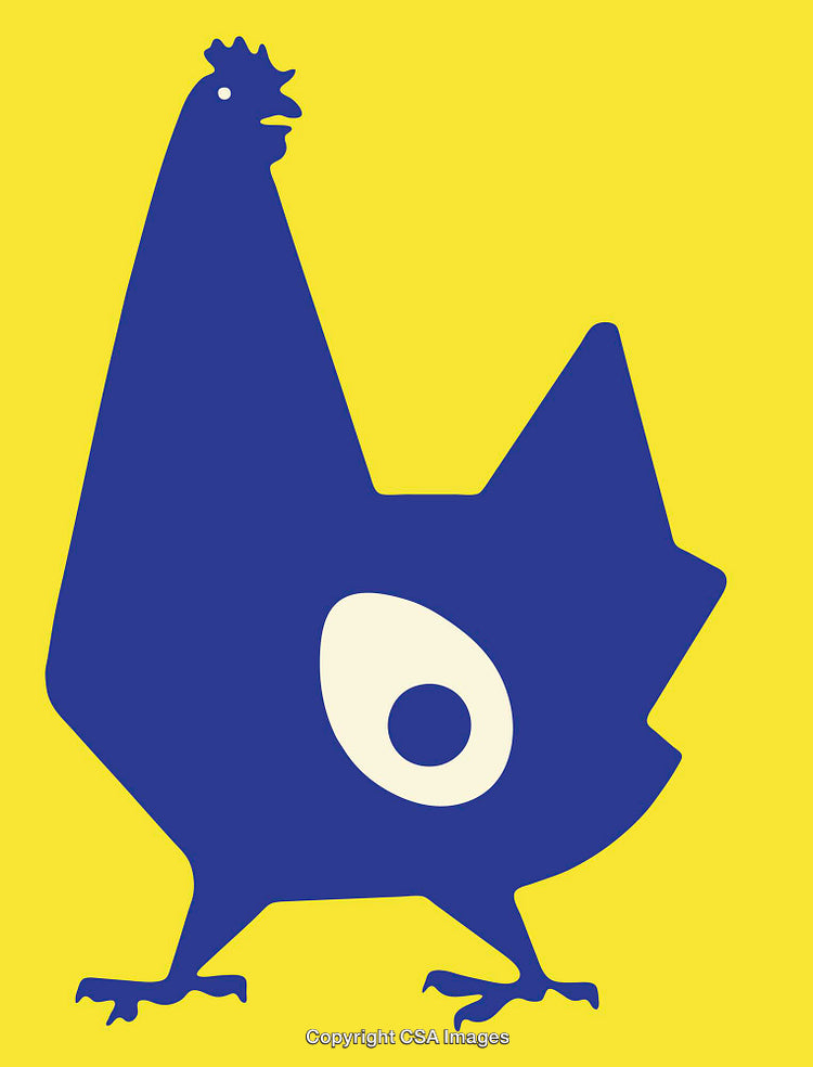 Blue Rooster Illustration on Bright Yellow Background