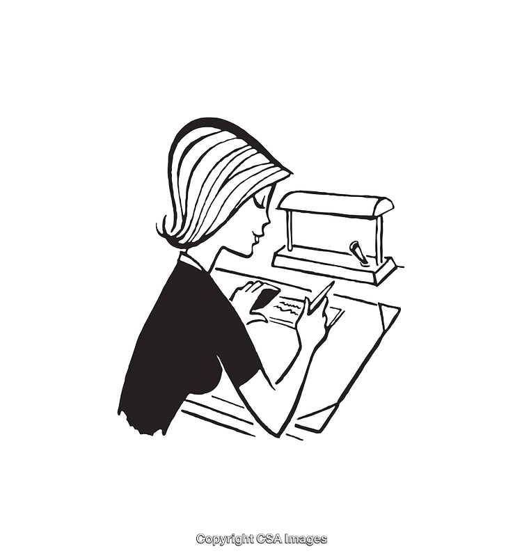 Woman Writing at Desk Illustrated in Black and White Line Art Style
