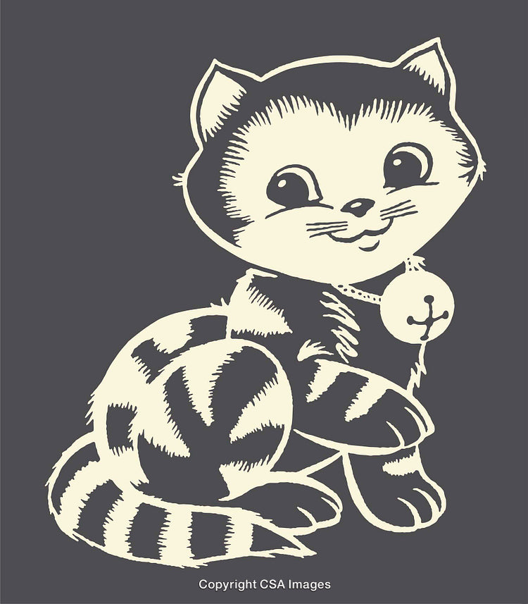 Whimsical Cartoon Cat Illustration with Decorative Pendant in Monochrome Line Art