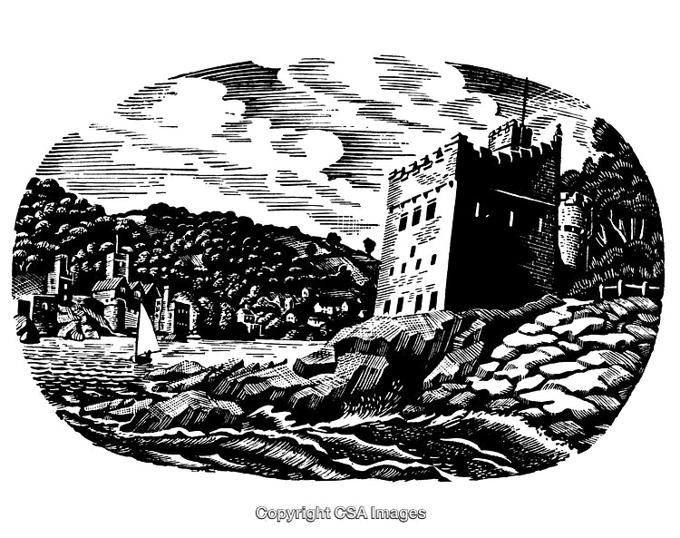 Black and White Engraving of Coastal Castle and Village Landscape