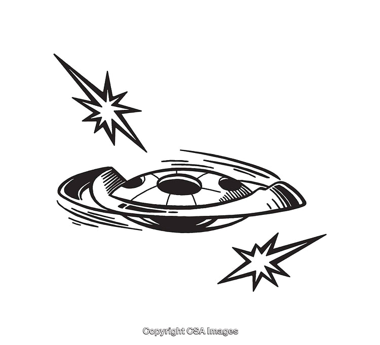 Line Art Illustration of a Flying Saucer with Sci-Fi Elements and Stars