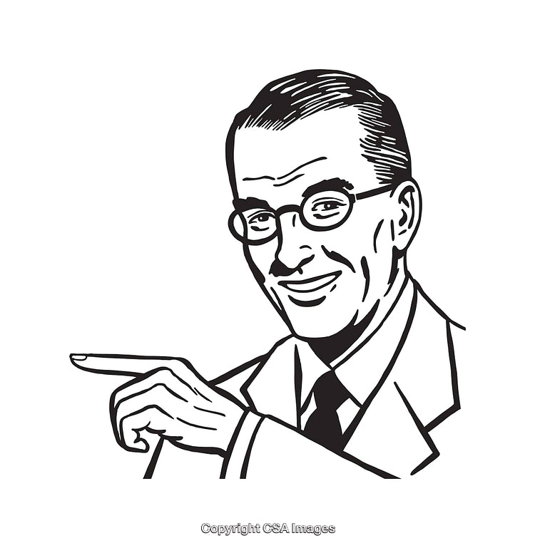 Retro Line Art Male Character Smiling and Pointing in Black and White