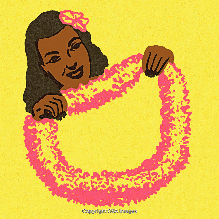Illustration of Woman Holding Floral Lei on Vibrant Yellow Background