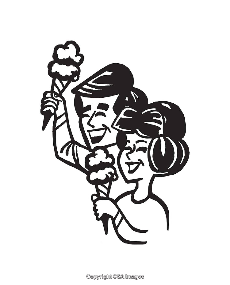 Retro Style Line Art of a Smiling Couple Holding Cotton Candy