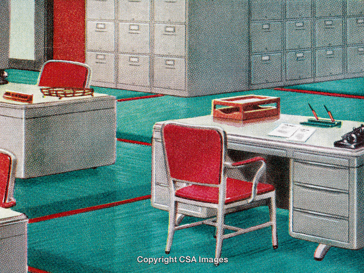Vintage Office Interior with Desks, Chairs, and Filing Cabinets