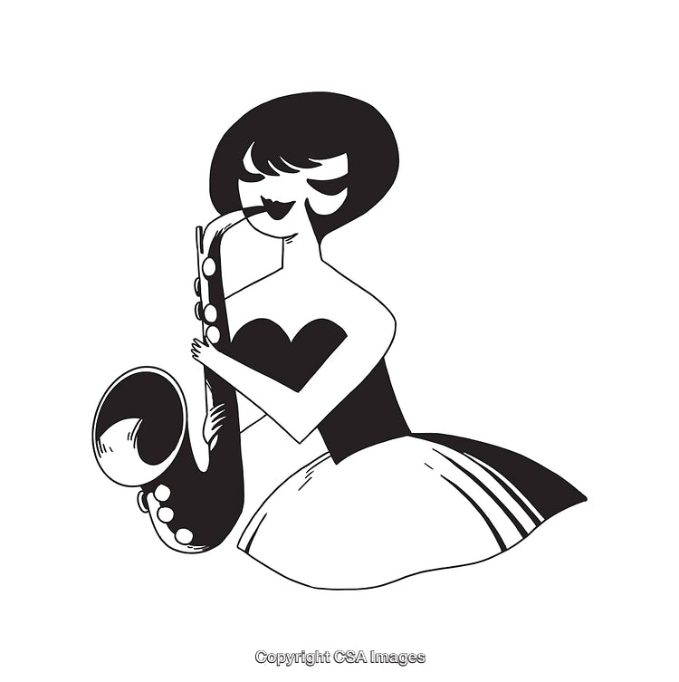 Illustration of a Woman Playing Saxophone in Black and White Style