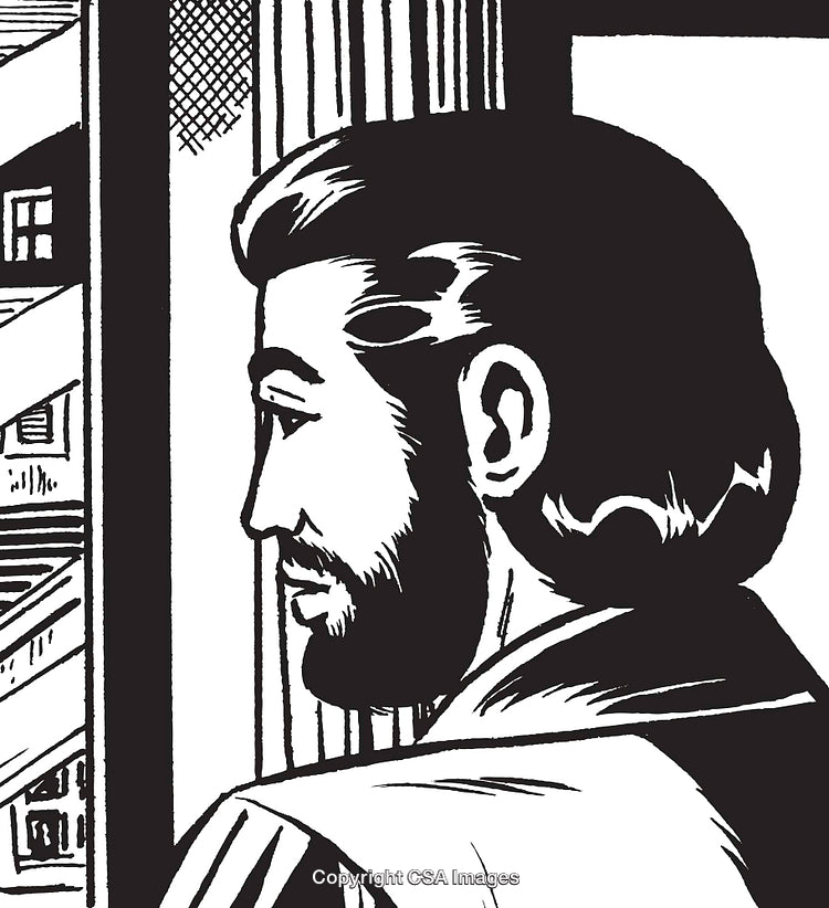 Monochrome Illustration of a Man Looking Out a Window in a Cityscape