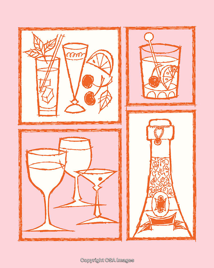 Hand-Drawn Beverage Illustrations Featuring Cocktails and Glassware in Vintage Style