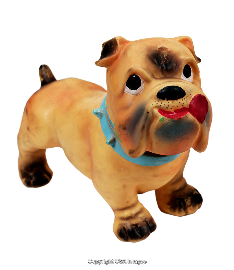 Cute Bulldog Figurine With Collar Licking Its Nose on White Background