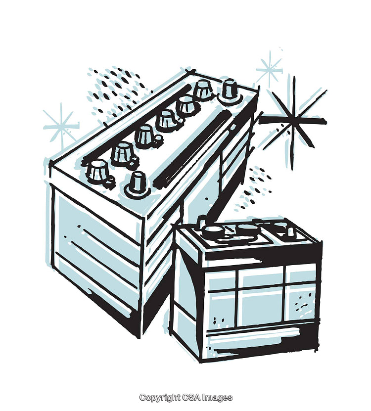 Vintage Style Illustration of Two Automotive Batteries with Retro Design Details