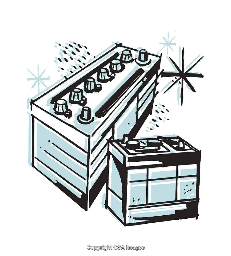 Vintage Style Illustration of Two Automotive Batteries with Retro Design Details